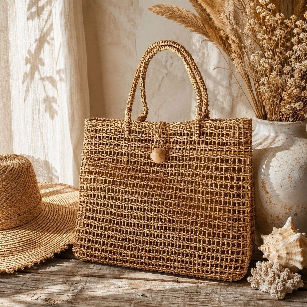 Woven Straw Tote Bag Boho Beach Market Open Weave Purse Cottagecore Resort Chic